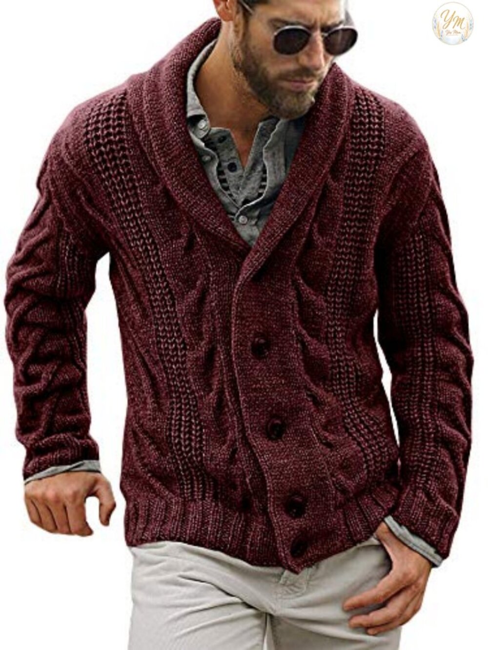 Mens Cable Knit Shawl Collar Button Cardigan Sweater Loose Fit Acrylic